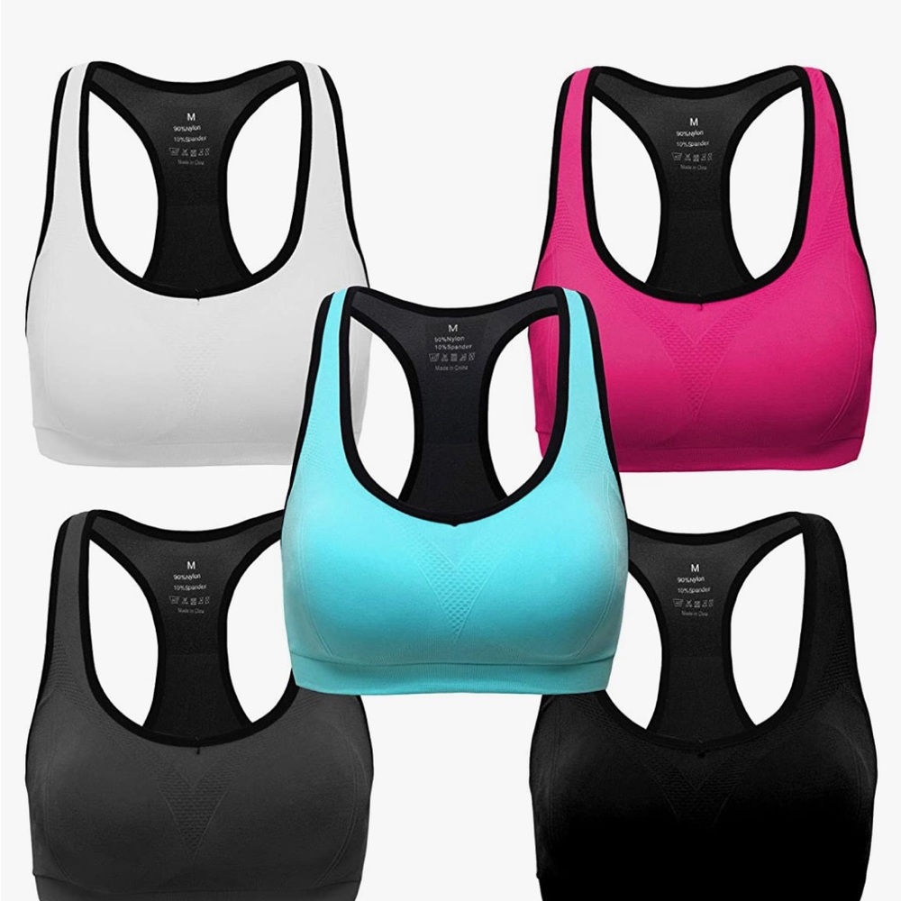 NEW Mirity Sports Bras, Size S. Five pack, pink, gray, white, turquoise, navy.